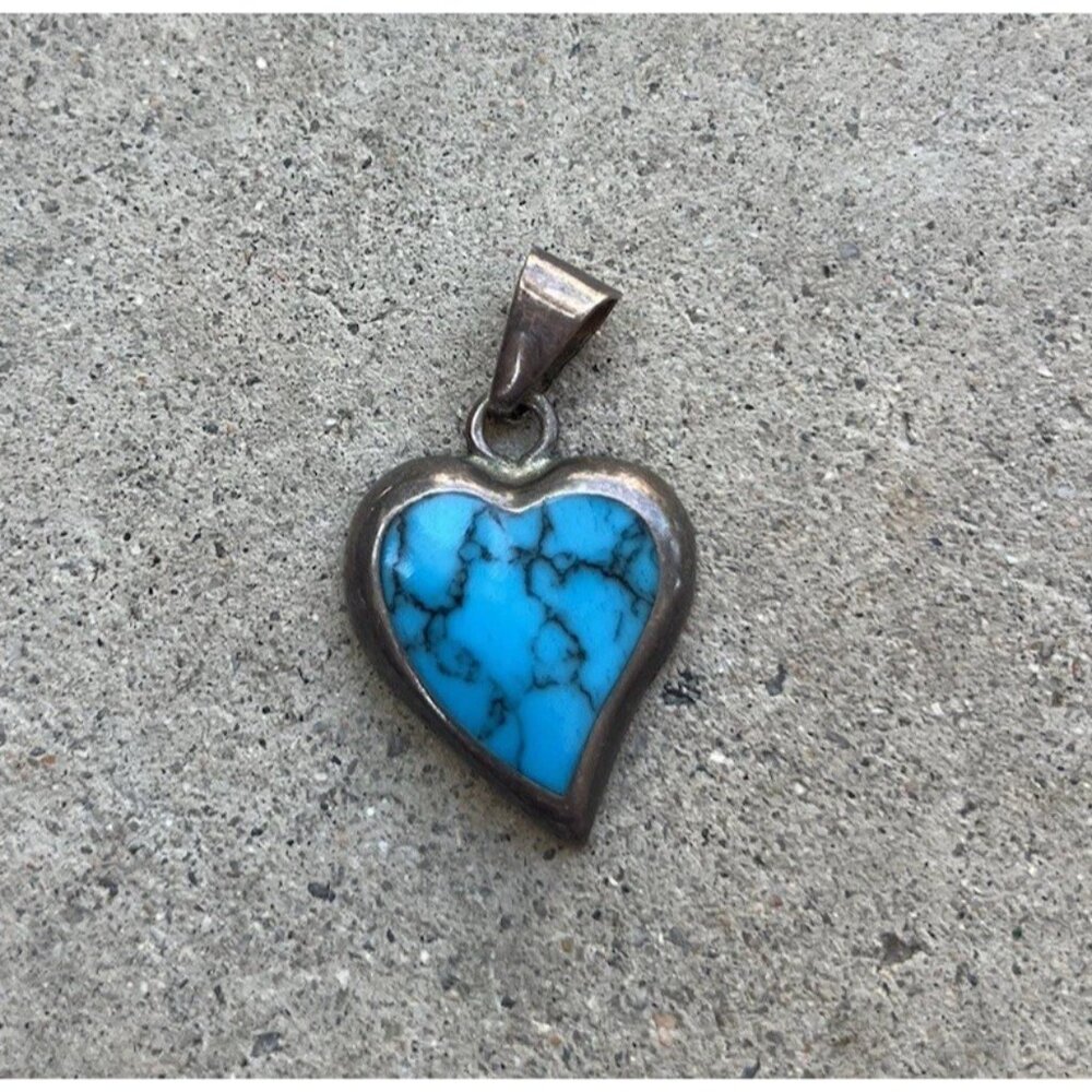 Vintage Turquoise Silver Heart Pendant Sterling Silver Mexico 925 Signed 1” RARE
